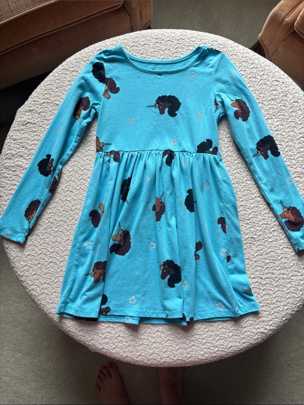 Girls' Turquoise Unicorn Print Long-Sleeve Dress